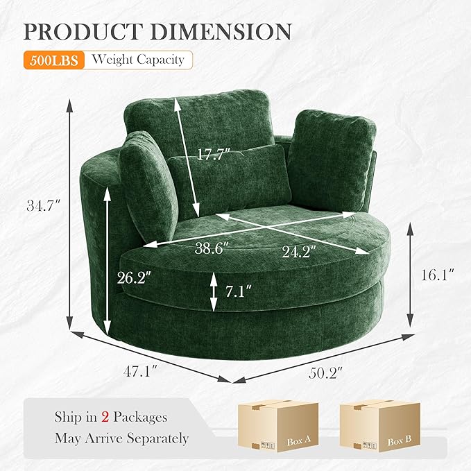Aoiy &amp Wifon 50.2'' W Oversized Swivel Barrel Chair Green Swivel Accent Chair for Living Room Round Oversized Arm Chair with 4 Pillows Deep Seat &amp Extra Wide Chenille