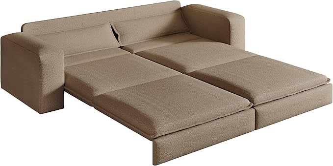 KEIKI 93 King Size Sleeper Sofa Bed 3 in 1 Convertible Sleeper Sofa Pull Out Sofa Bed 3 Seat Teddy Couch with 2 Lumbar Pillows for Living Room Apartment Office Studies Camel