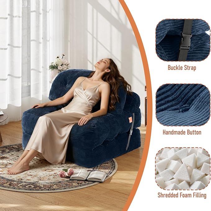 Folding Sofa Bed Convertible Sleeper Chair with Back Support and Pillow FutonBoneless Foldable Couch for Living Room/Guest Use/Home Office Foldable Chair Bed for Adults Navy Blue