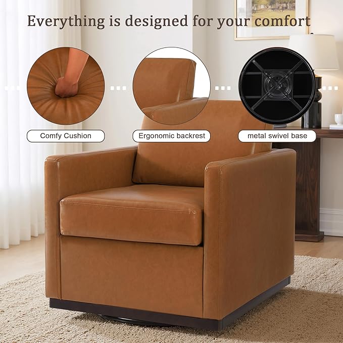 Faux Leather Swivel Accent Chairs Set of 2 360° Swivel Upholstered Club Armchairs for Living Room 31 Wide Square Single Sofa Reading Chair with Deep Seat Metal Swivel Base Light Brown