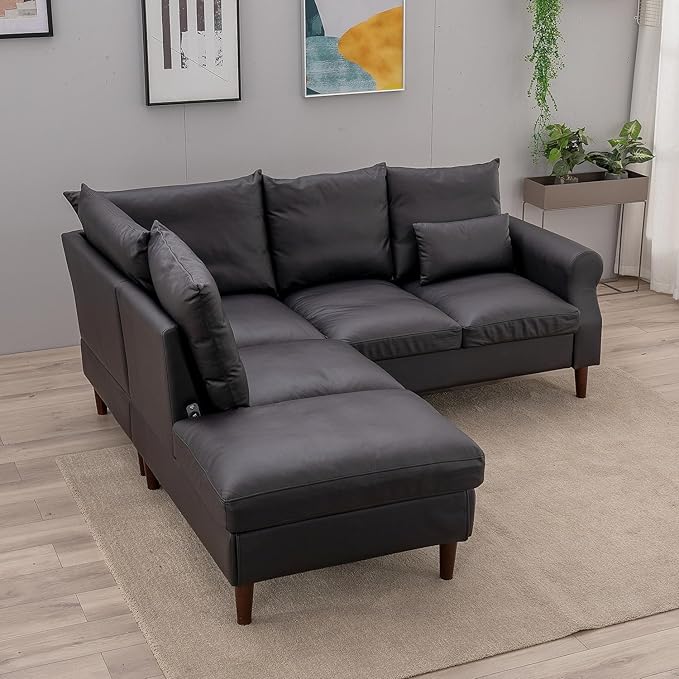 Panana 5 Seats Sectional Sofa Leathaire Fabric with Built-in USB Charging Port Chaise Right Corner L Shaped Couch (Black Leathaire 5 Seater Right Corner with Chaise)