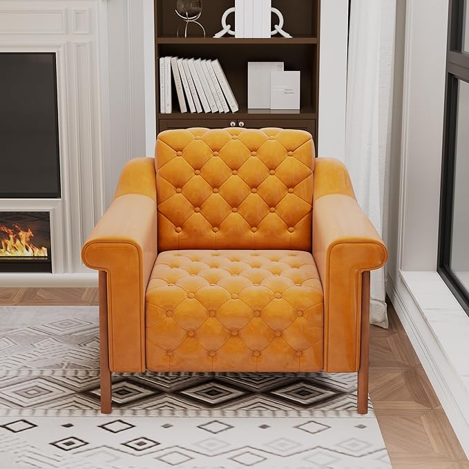 EJUNQ Cozy Accent ChairPU Leather Modern Living Room ChairsMid-Century Office Reading ChairSingle SofaArmchair for Bedroom Apartment Waiting Room(Orange)