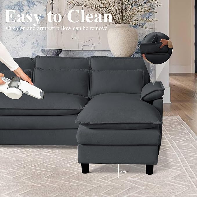 105 U Shaped Cloud Couch Sectional 4 Seat Home Sofa Living Room Comfy Couches with Storage Ottoman Double Layer Cushion Modular Sofas for Bedroom Apartment and Office Dark Grey
