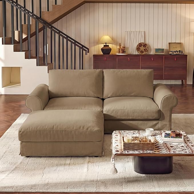 Loveseat Cloud Couch with Ottoman for Living Room Oversized 81.9 Farmhouse Comfy Slipcoverd Sofa with Rolled Arms Washable Couches with Deep &amp Wide seat Easy Assmably Khaki