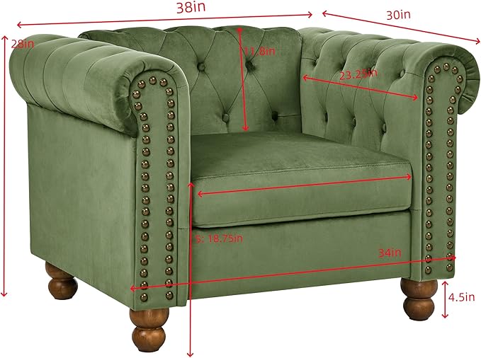 KEIKI 32 Chesterfield Velvet Tufted Button Sofa Chair with Square Arms and Cushion Back Classic 1-Seater Couch with Solid Wood Legs Easy Assembly for Living Room Bedroom Apartment Green