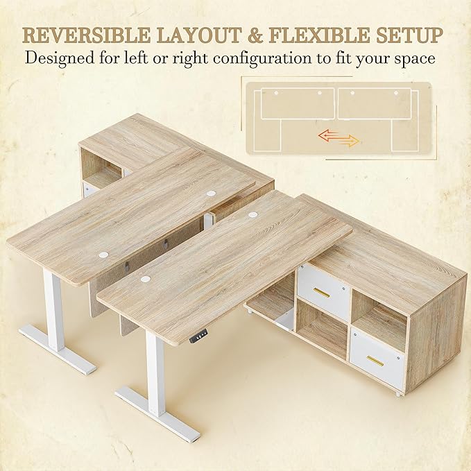 TIQLAB L Shaped Standing Desk with Privacy Protection Panel 61.4 x 47.2 Height Adjustable Corner Executive Desk with Drawers and Shelves Standing Computer Desks for Home Office Maple