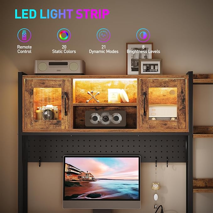 Gaming Desk with Hutch Led Computer Desk with Storage Shelves File Cabinet Gamer Desk with Drawers Pegboard Power Outlet LED Light Workstation for Home Office Black Desk with Hutch