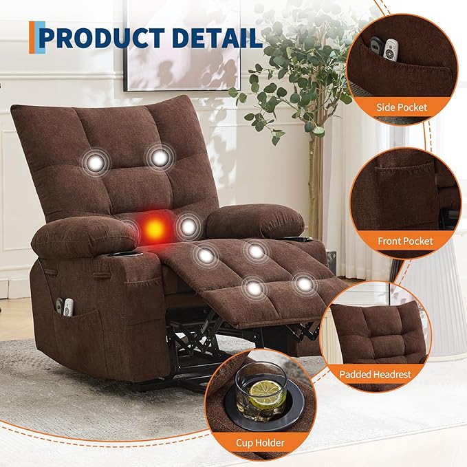 GarveeHome Power Lift Recliner Chair for Elderly with Massage and Heat Oversized Electric Massage &amp Heat Recliner with Soft Padded Upholstery Side Pocket &amp Cup Holders for Living Room Brown