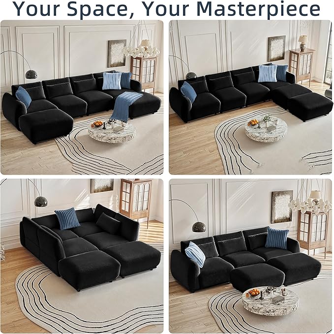 Sectional Sofa Couch Modern U Shaped Sectional Couch with Ottoman Modular Sectional Sofa Cloud Couches for Living Room (Black 3 Set + 1 Ottoman)