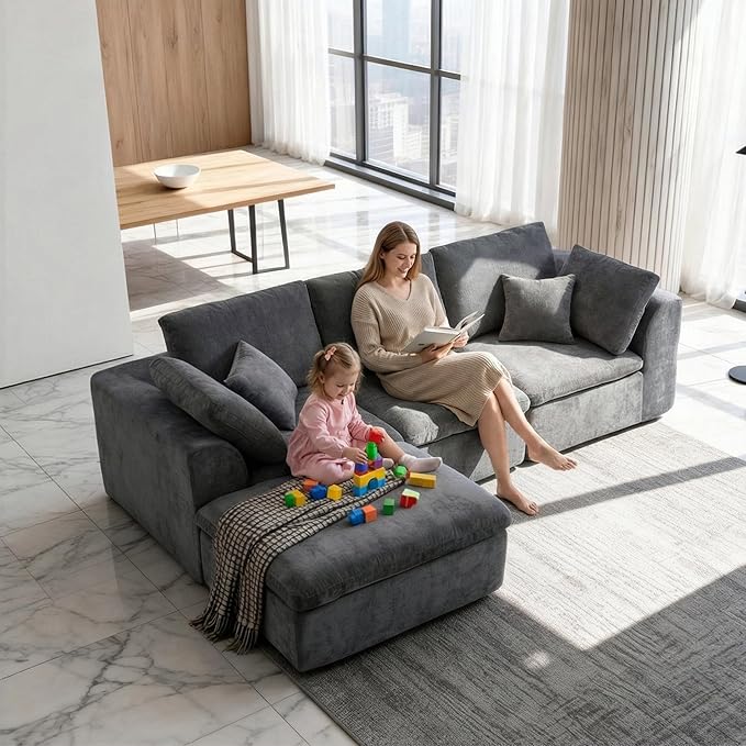Boneless Couch with Ottoman 110 L-Shaped Cloud Sectional Sofa Modular Convertible Cloud Couch for Living Room Deep Seat Chenille Set (Dark Gray 3 Seater + 1 Ottoman)