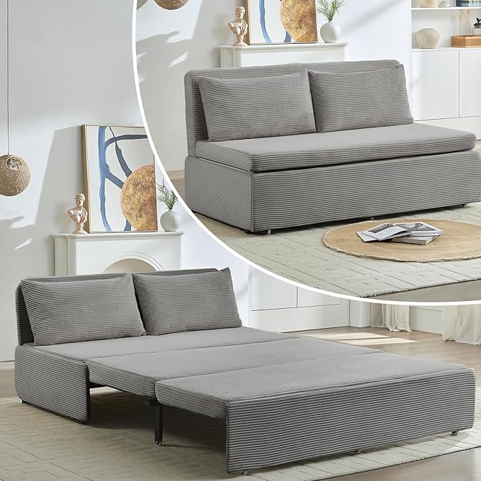 PUREMIND 3-in-1 Queen Size Pull Out Sofa Bed Convertible Corduroy Couch with Pillows and 3.9 Memory Foam Mattress Loveseat Sofa-Bed for Living Room Apartment (Light Grey)
