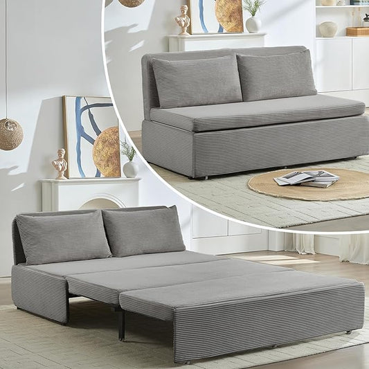 PUREMIND 3-in-1 Queen Size Pull Out Sofa Bed Convertible Corduroy Couch with Pillows and 3.9 Memory Foam Mattress Loveseat Sofa-Bed for Living Room Apartment (Light Grey)