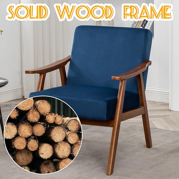 Mid Century Modern Accent Chair Upholstered Armchair Comfy with Wood Legs Siting Chair with Soft Cushion PU Leather Side Chairs for Living Room Bedroom Office (Velvet Dark Blue)
