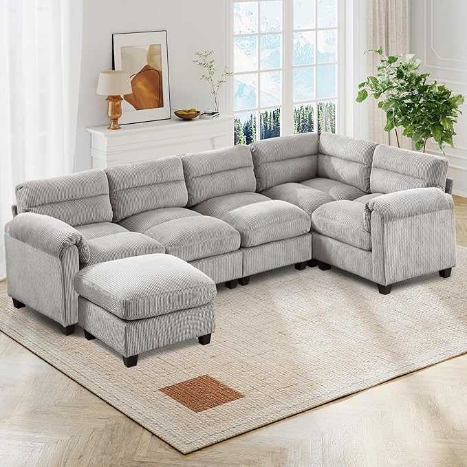 115 Modular Sectional U Shaped Corner Sofa with Movable Ottoman Corduroy 6-Seater Couches with Thick Cushion for Living Room Grey
