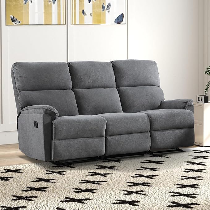 EBELLO Fabric Manual Reclining 3 Seat Sofa Couch Recliner Sofa with Sturdy Robust Metal Base 3 Seats for Small Living Room Bedroom and Meeting Room Grey
