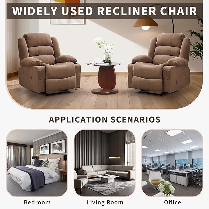 Wide Recliner Chair for Adults Large Manual Pull Tab Reclining Chair with Dual Cup Holders 3 Recline Positions Side Pockets Supports 350 Lbs Overstuffed Single Sofa for Living Room
