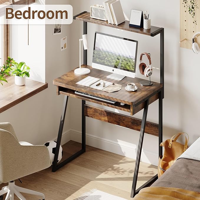 ALISENED 2 Tiers Small Computer Desk for Small Space Compact Laptop Table Workstation with Keyboard Tray. Study PC Table for Home Office Rustic Brown