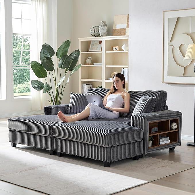 79.5 Oversized Double Chaise Lounge Chair Indoor Modern Upholstered Sleeper Sofa Bed with 2 Storage Armrests &amp Throw Pillows Comfy Fluffy Corduroy Couch for Living Room (Grey 79.5 Double Chai