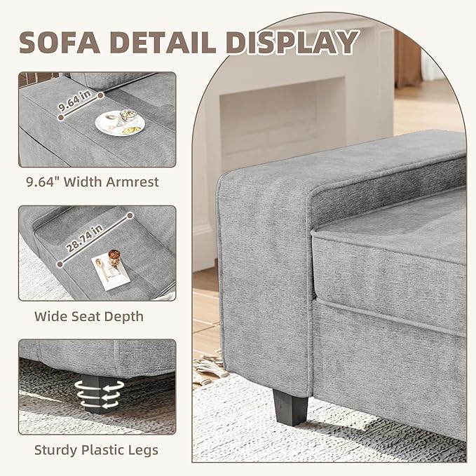 3 Seater Sofa Couch with Deep Seats 84 Mid Century Modern Chenille Fabric Sofa with Armrests Comfy Couches for Living Room Bedroom Apartment and Office