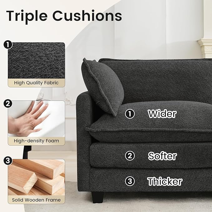 ROWHY Oversized Modular Sectional Couch with Movable Ottoman 112 Modern Convertible L Shaped Sofa Set 4 Seat Comfy Cloud Couch with 2 Throw Pillows for Living Room Chenille Charcoal Grey