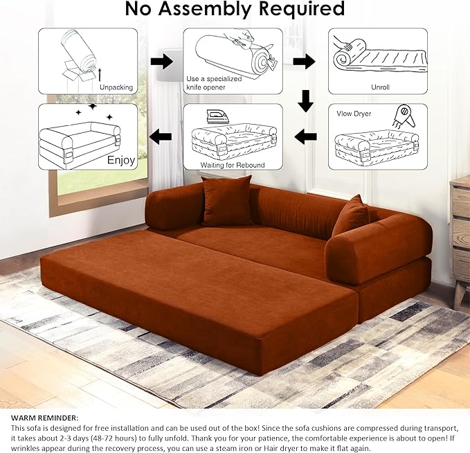 80 Convertible Sofa Bed 3-in-1 Corduroy Folding Pull Out Couch with Pillows No Assembly Modern Boneless Couch Compression Sofa in Box Floor Sofa with Side Storage Pocket for Living Room Orange