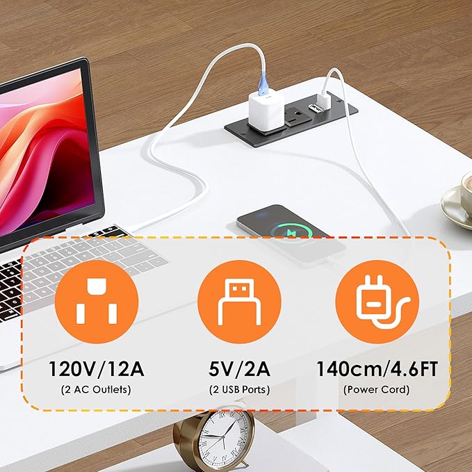 soges Height Adjustable Desk with Charging Station Mobile Computer Workstation with 2 Storage Shelves Small Rolling Desk on Wheels for Home Office White