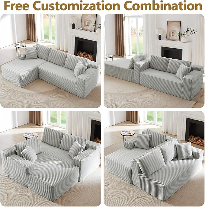 104 Boneless Sectional Couches L Shaped Couch with Deep Seat for Living Room Apartment Corduroy Memory Foam Couch with Comfy Pillows (Light Grey Left Chaise)