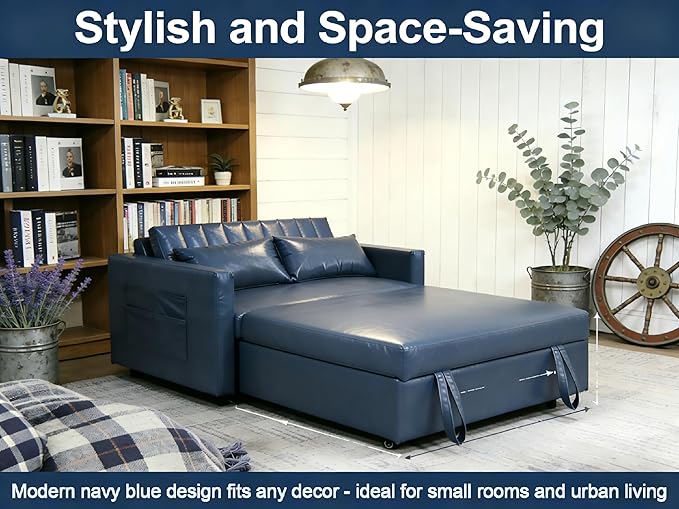 55'' Leather Sofa Bed Pull Out Sleeper Sofa Couch Bed Loveseat Sleeper Futon Sofa Couch with Side Pocket Convertible Sofa Bed for Living Room Apartment Bedroom RV Blue