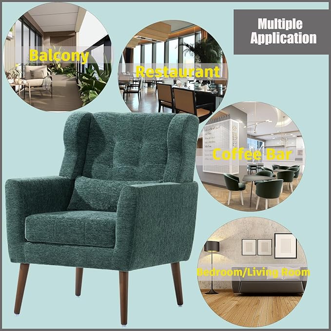 Modern Accent Chair Chenille Armchair for Living Room Upholstered Lounge Chair with Pillow Solid Wood Legs (Blackish Green)