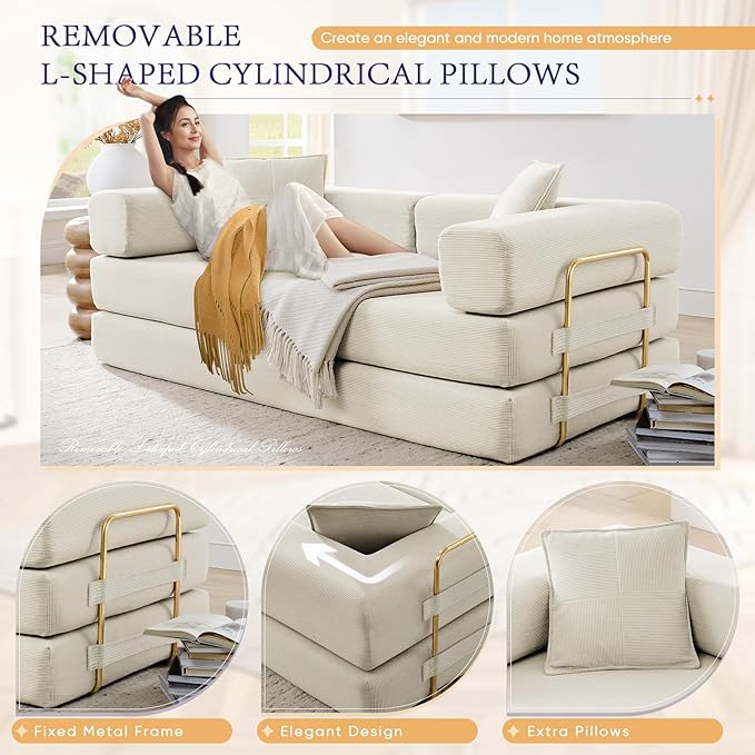 Convertible Folding Sofa Bed Corduroy Sleeper Mattress Couch with Fixed-Shape Frame Free Combination Loveseat Lounge Floor Sofa Queen Size Memory Foam Couch for Living Room Bedroom Beige