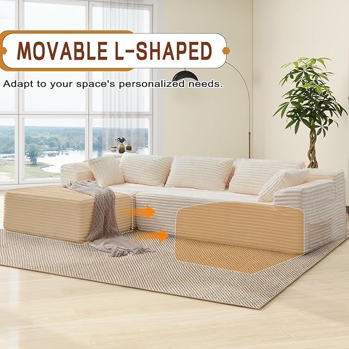 110 L-Shaped Modular Sectional Sofa with Chaise Boneless Comfy Corduroy Fluffy Couch with Deep Seat and Side Pockets Flexible Module Combination for Living Room No Assembly Side Pockets