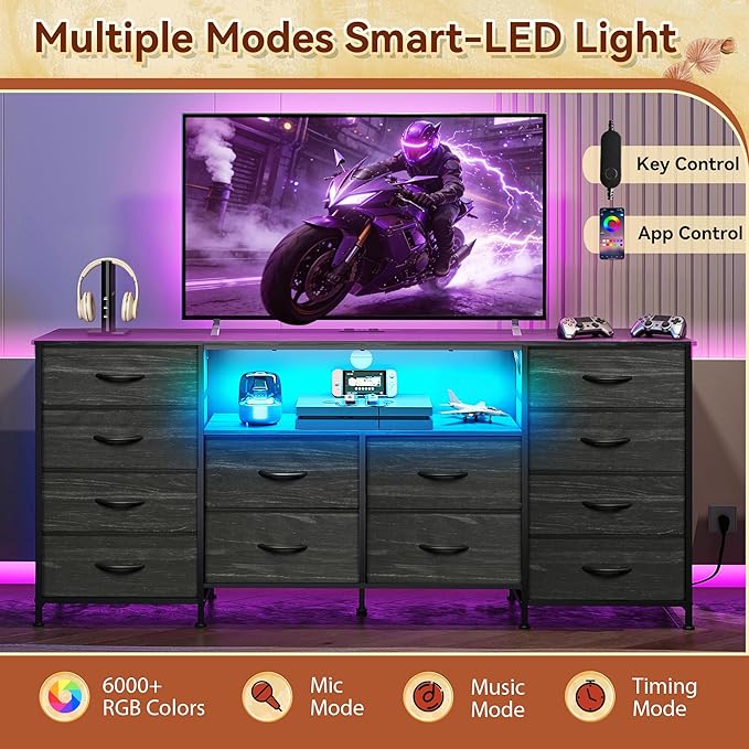 Black TV Stand for 65 70 75 inch TV Entertainment Center with LED Lights &amp Charging Station TV Media Console Table with 12 Fabric Drawers and Open Shelves for Living Room Hallway