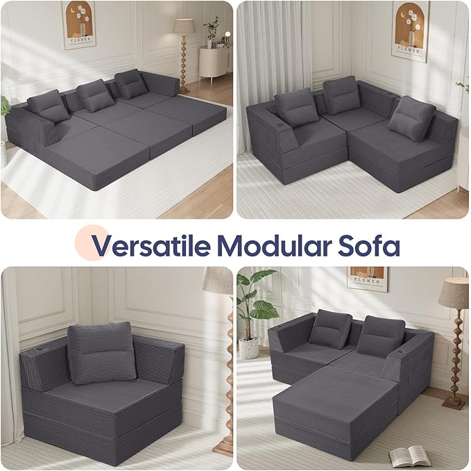 COMAX Futon Sofa Bed 3 Seater 106 Convertible Sofa Bed Couches for Living Room 4 in 1 Folding Boneless Sleeper Corduroy Couch Foam in a Box Comfy Foldable Lounge Fold Out Floor Mattress Grey