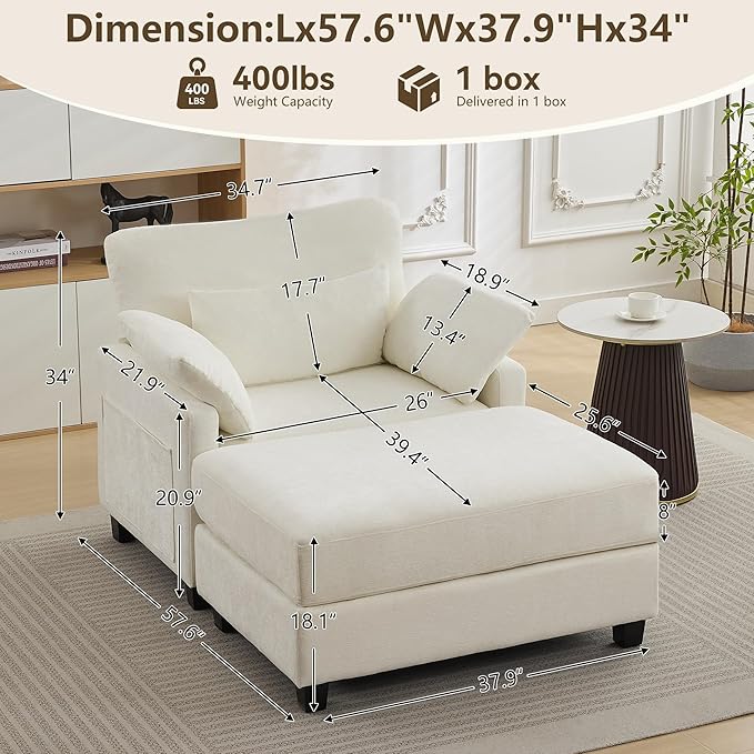 57.5 Oversized Chaise Lounge with Ottoman Indoor White Reading Chair with Ottoman &amp Sofa Bed Chenille Upholstered Comfy Sleeper Chair for Living Room Bedroom Office