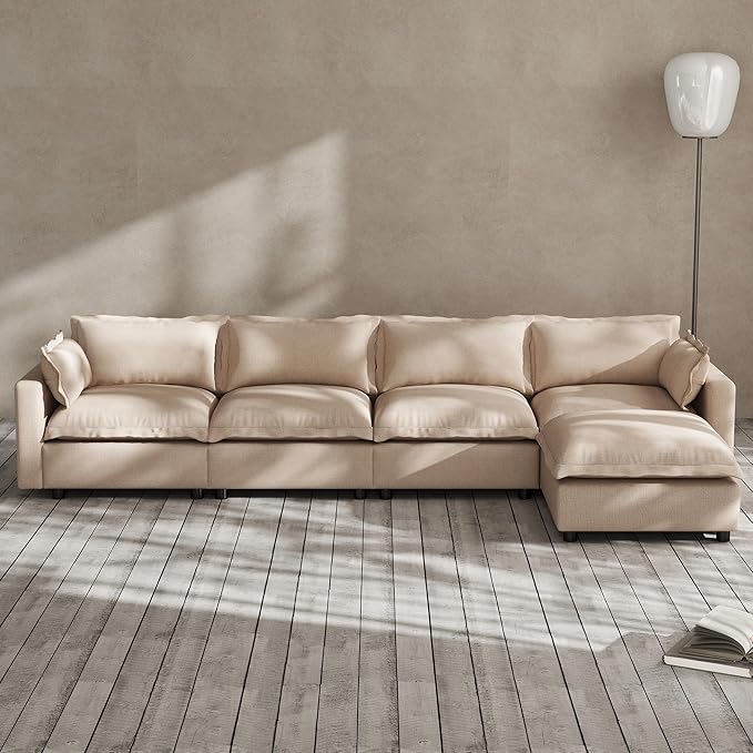 Modern Couch Modular Sectional Sofa 126 L-Shape Cloud Couch with Ottoman for Living Room Bedroom Reading Study Waitting Room Linen Fabric-Khaki