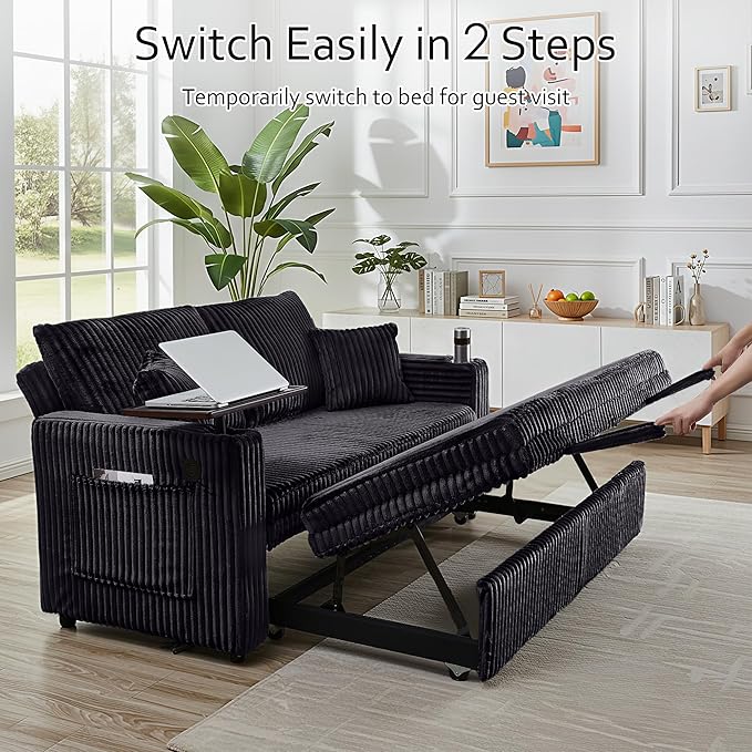 65in Sleeper Sofa Bed Convertible Pull Out Couch with Small Table| USB Port | Cup Holder | Corduroy Fabric | Adjustable Backrest for Apartment Office Bedroom Guest Room (Black)