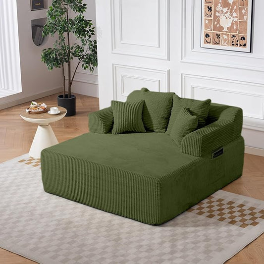 58 Inch Chaise Lounge Chair Indoor Corduroy Boneless Sofa Bed Deep Seat Sleeper Couch Reading Chairs Upholstered Comfy Cloud Sofas Couches for Living Room No Assembly Required Green
