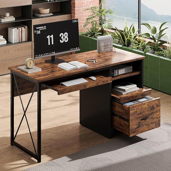 Bestier 47 Computer Desk with Drawers Home Office Desk with Keyboard Tray Reversible Industrial Office Desk with Storage Cabinet for Small Space Home Office &amp Studio Rustic Brown