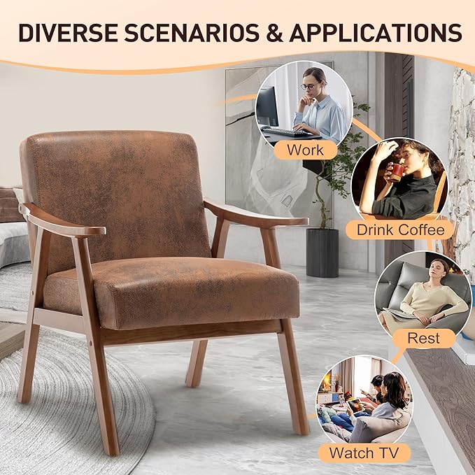 Mid-Century Modern ChairUpholstered Armchair Living Room Chair with Solid Wood Frame Comfy Reading Chairs Lounge Side Chair for Living RoomBedroomBelcony. (Brown+Fabric)