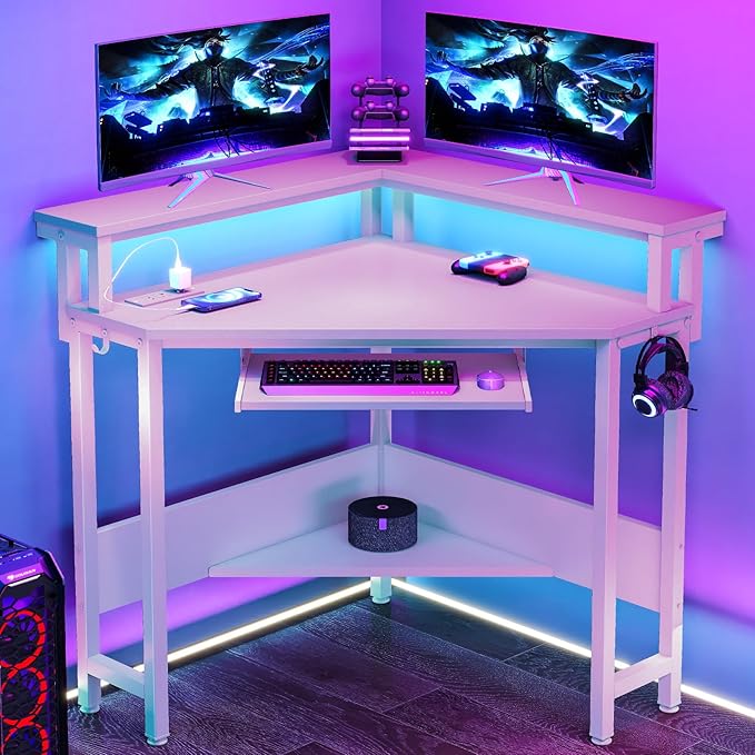 DUMOS Conner Desk Home Office Computer Desk for Small Space with LED Lights Gaming Table with Storage Shelves Power Outlets Monitor Stand Keyboard Tray for Bedroom White