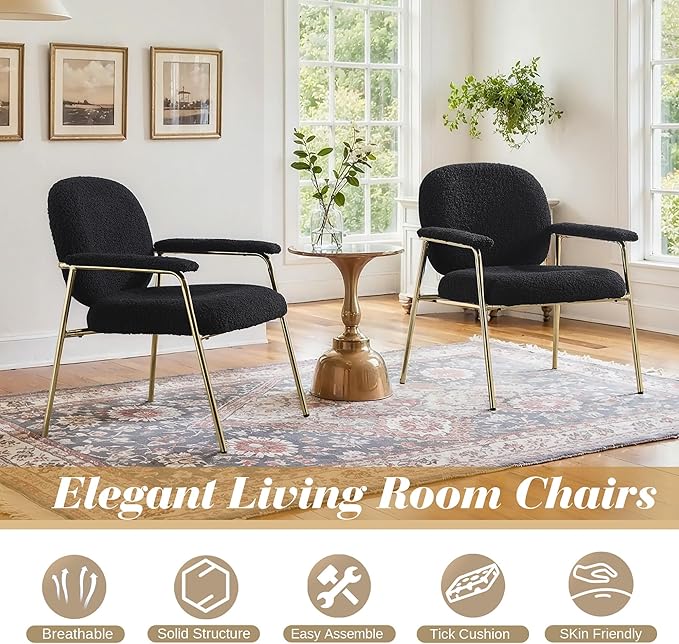 Accent Chair Set of 4 Sherpa Upholstered Armchair Reading Side Chair Comfy Living Room Chair with Gold Metal Legs for Bedroom Waiting Room Black