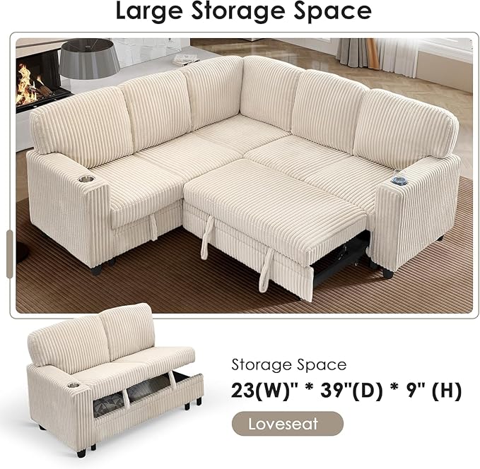 81 Modular Sectional Sofa L Shaped 5-Seater Sleeper Sofa with Pull Out Bed Hidden Storage Cup Holders &amp USB Charging Ports Sectional Couches for Living Room Corduroy Beige