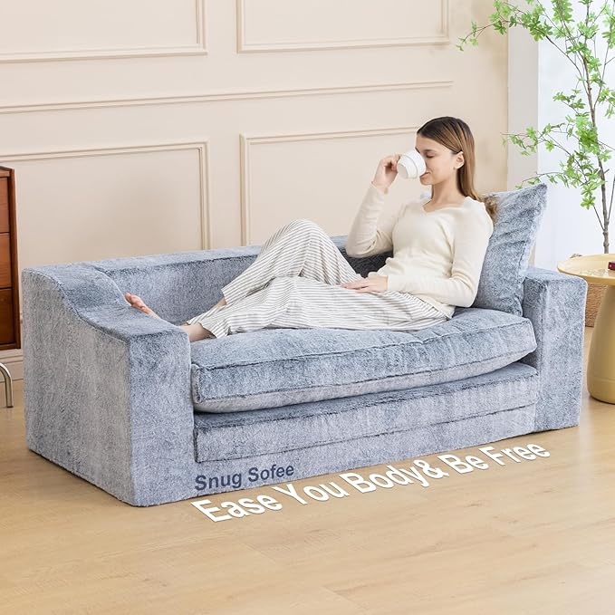 Loveseat Oversized Folding Sofa Bed Convertible Sleeper Chair Bed with Pillows &amp Wide Armrest Comfortable Floor Couch for Living Room &amp Bedroom(Fur Grey) | Foldable