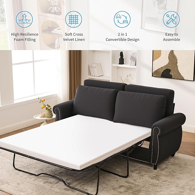 Queen Pull Out Sofa Bed 74' Large Convertible Sleeper Sofa 2 Seater Loveseat Sofa-Bed with Queen Size Mattress for Living Room Small Spaces Apartment Studio Dark Gray