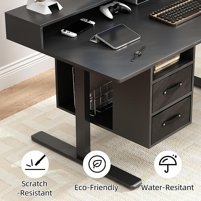 63x24 Inches Standing Desk with Drawers Electric Computer Desk with Open Storage Shelf Stand Up Desk Adjustable Height 28-46 Inches for Home and Computer Workstation Black