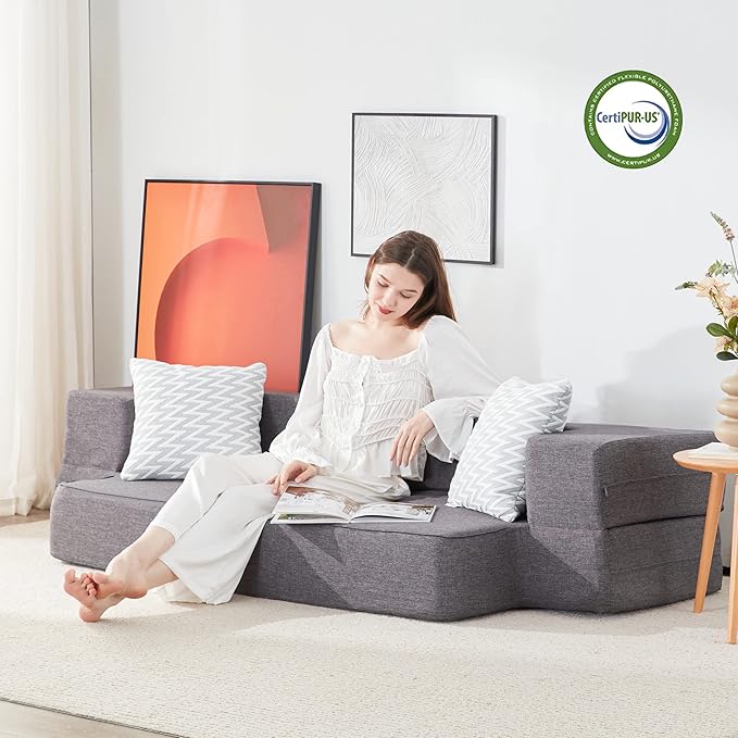 Floor Sofa Bed Convertible Sleeper Lounge Couch Folding Mattress with 2 Pillows &amp Washable Cover for Living Room Guest Playroom Queen