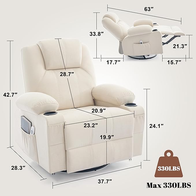 Oversized Swivel Rocker Recliner Chair with Heat and Massage 360 Degree Swivel Rocking Single Sofa with USB Port and Cup Holders Big Recliner Chair for Living Room (Fabric Light Beige)