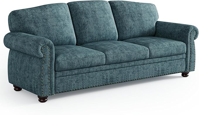 ONBRILL 90 Inch Rolled Arm Sofa for Living Room Deep Seat Nailhead Trim Couch Comfy 3 Seater Chenille Couch w/Wooden Leg Springs Seat Cushion Large Traditional Sofa for Farmhouse Blue