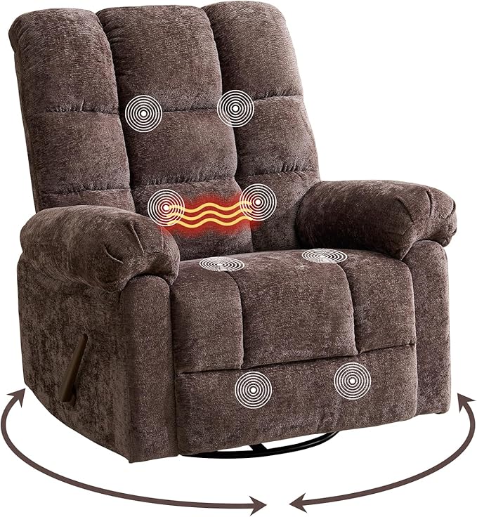Oversized Swivel Rocker Recliner with Massage and Heat Overstuffed Rocking Chair with High Back Manual Rocker Recliner for Adults &amp Big Man Comfy Soft Recliner Chair Coffee Chenille