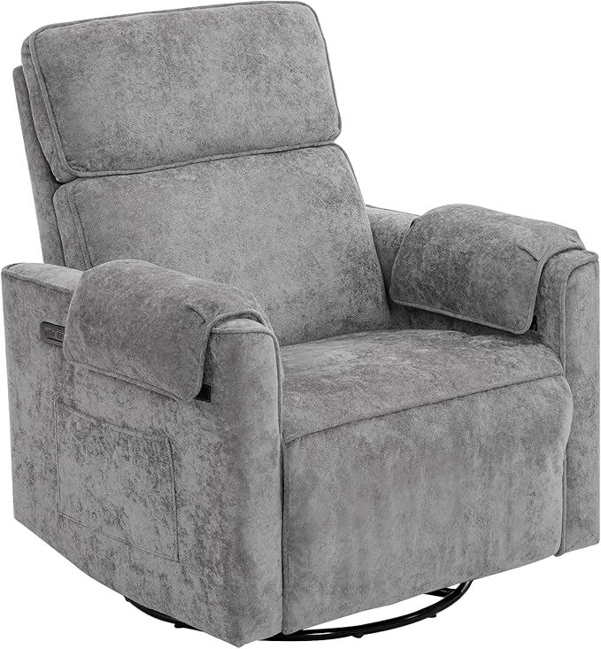 Oversized Power Recliner Chair with Adjustable Headrest Swivel Rocking Recliner Chair for Adults 26 Extra Wide Glider Nursery Chair with Overstuffed Armrest for Living Room USB Ports Grey